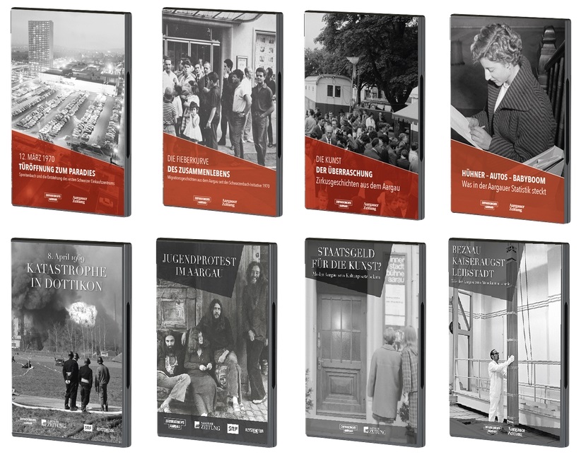 Foto der acht DVD-Cover der Reihe "Brennpunkt Aargau"