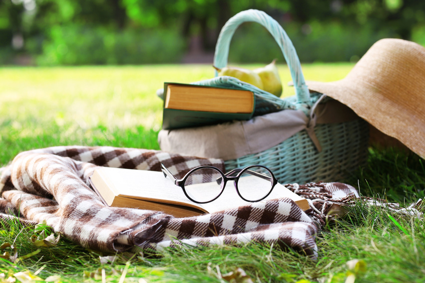 Symbolbild mit Decke, Picknickkorb und Buch im Park