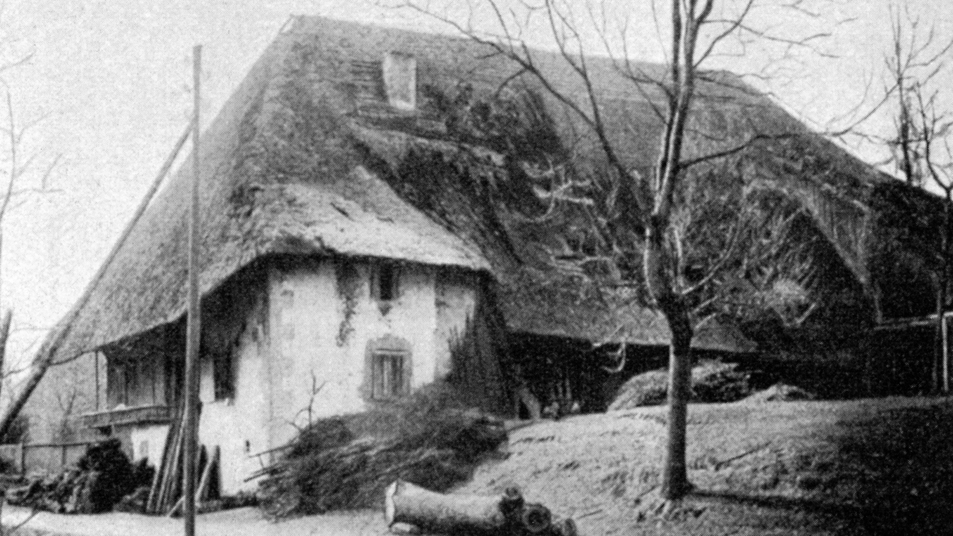 Historische Aufnahme eines Strohdachhauses