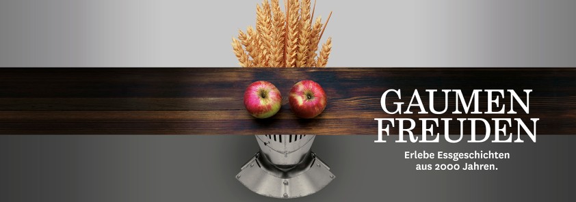 Bilkompositionen von Getreide, Äpfel und eines Ritterhelms
