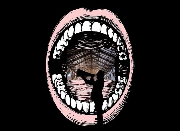zeichnung eines aufgerissenen Mundes mit der Reithalle darin