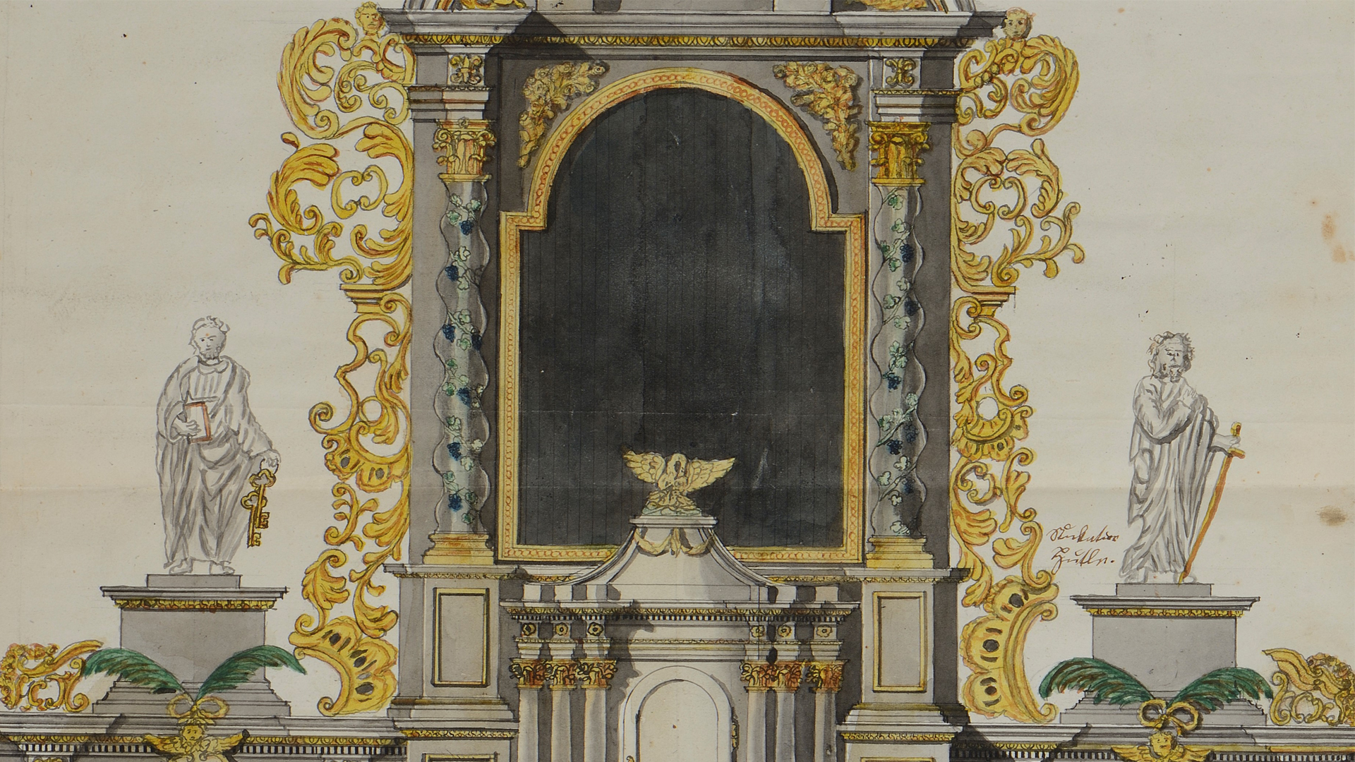 Ausschnitt aus einer Zeichnung des Hochaltars, wie er 1828 in der Kirche St. Martin in Lengnau bestand. Pfarrarchiv Lengnau. 